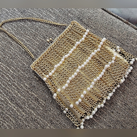 #Bonwit Teller #Vintage Gold Shimmer Pearl Beaded Evening Bag Purse Clutch #RARE - Picture 2 of 7